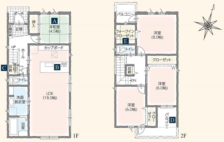間取図/区画図:4LDK〈A〉和室。〈B〉対面ペニンシュラキッチン〈C〉階段下収納〈D〉北側にもバルコニーを設置〈E〉大容量なウォークインクローゼット